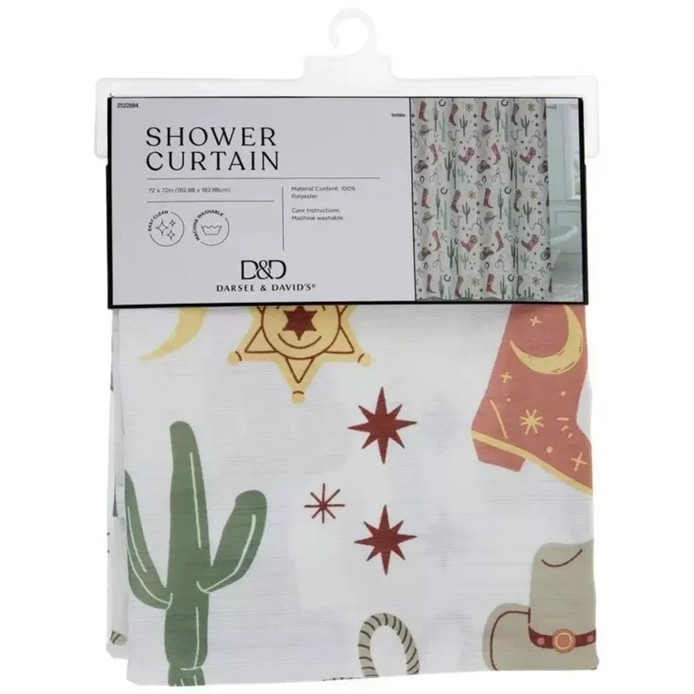 Cowboy Shower Curtain Polyester Boots Hats Lasso Cactus Stars Bath Gift NEW